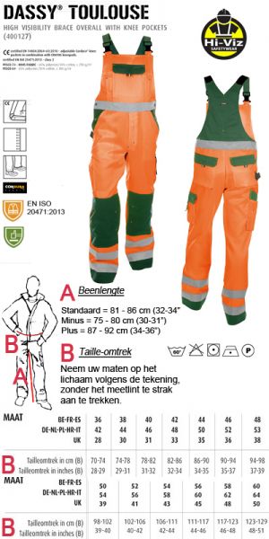 Dassy - Toulouse (400127) Groen / fluo oranje salopette / bretelbroek met kniezakken