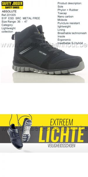Safety Jogger - Extreem lichte hoge werkschoen Absolute S1P - zwart