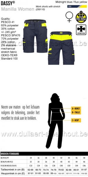 DASSY® Manilla Women (250110) Werkshort met stretch voor dames - nachtblauw / fluogeel