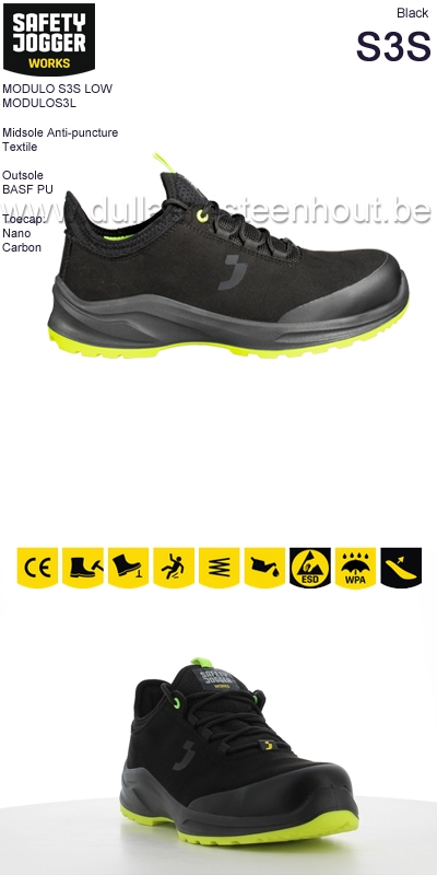 Safety Jogger MODULO S3S LOW Supercomfortabele metaalvrije veiligheidssneaker - zwart